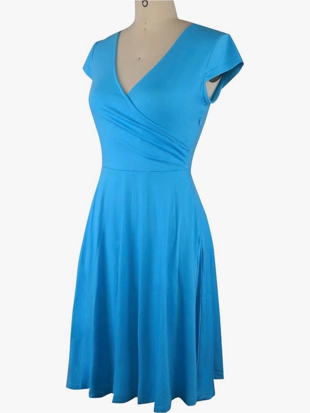 Classic V-Neck Cap Sleeve Dress in Bright Blue